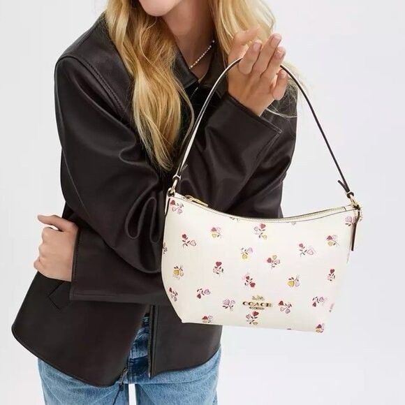 Coach CW392 Zip Top Shoulder Bag With Heart Bouquet Print Crossbody Double Strap - Picture 8 of 10